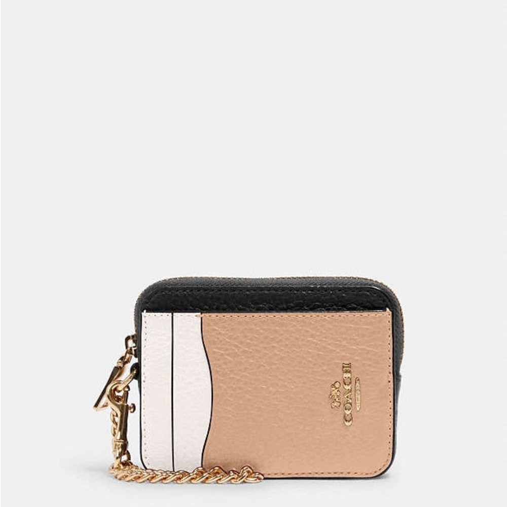 Coach Black, White, and Tan Zip Wallet with Gold Chain